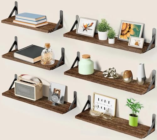 Amada Solid Paulownia Wood Wall Shelves, Large Size, 6 Pcs, Brown | Wood Floating Shelves with Metal Brackets, 2 Ways to Install, Flexible 6-Piece Arrangement for Bathroom & Bedroom Wall Decor - color: Brown, size: Large