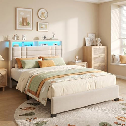 EnHomee Full Upholstered Bed Frame with Charge Station & LED Lights, Beige | 2-Tier Shelves Headboard, 12" Under-Bed Storage Space, Noise-Free, No Box Spring Needed, Easy Assembly - color: Beige, size: Full