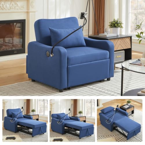 Majnesvon Convertible Chair Bed 3 in 1, Sofa Bed Chair (Blue) | with Adjustable Backrest & Charging Station, Small Space One Person Couch for Apartment, Office, Living Room, Bedroom - color: Blue