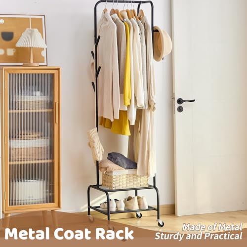 Heavy Duty Clothing Rack with Wheels, Garment Rack, Freestanding Coat Rack with 6 Hooks for Entryway, Bedroom Metal Clothes Hanger Stand for Hats, Jackets, Bags,Shoes (Black, Double-layer) - color: Black, size: Double-layer