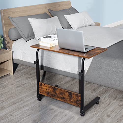 Sofa Side Table C Shaped End Table with Wheels, Rolling Bedside Laptop Table Snack Table TV Tray, Height Adjustable, Wooden Top & Metal Frame - color: Retro Brown, 31.5"