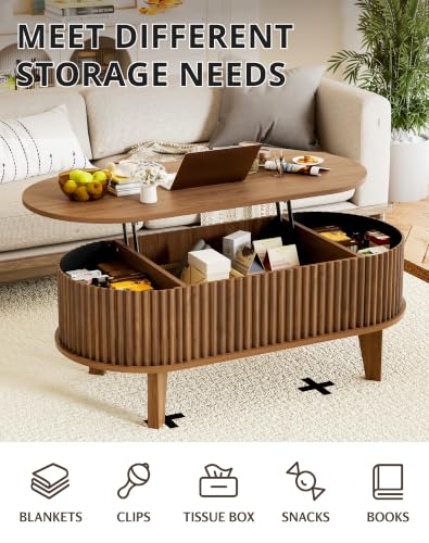 Oval Lift Top Coffee Table with Storage, 41" Wood Fluted Modern Living Room Center Table for Home Office, Walnut - color: Walnut