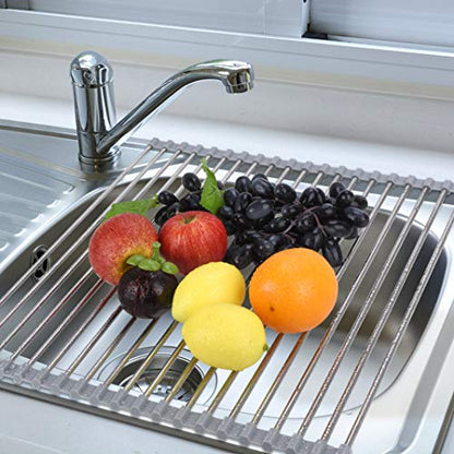 Hhyn Roll Up Dish Drying Rack Over The Sink 17.7"(L) x 15.6"(W), Gray | Multipurpose Foldable Stainless Steel Kitchen Rollable Drainer Rack - size: 17.7"(L) x 15.6"(W)