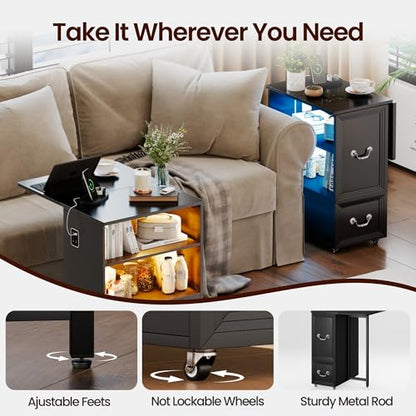 Lareth Rolling Side Table with Wheels, Led Lights & Charging Station | Foldable Desktop Narrow End Table, 1 Drawer, 2 Bookshleves, 27.56"H Tall Nightstand for Small Space, Living Room, Black - color: B Black
