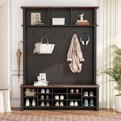 JIVOIT Farmhouse Retro Style Hall Tree, Multi-functional 4-in-1 Design Hall Tree, Practical Walnut Entryway Bench with Adjustable Shelves, Shoe Organizer with 16 Open Compartments for Entryway - color: Black/07