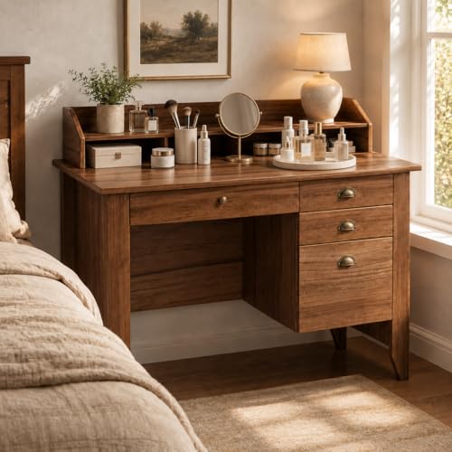 4 EVER WINNER Desk with Drawers, 47'' Small Desk with Monitor Stand and File Drawer, Computer Desk with Storage for Bedroom, Living Room, Small Spaces, Walnut - color: Brown