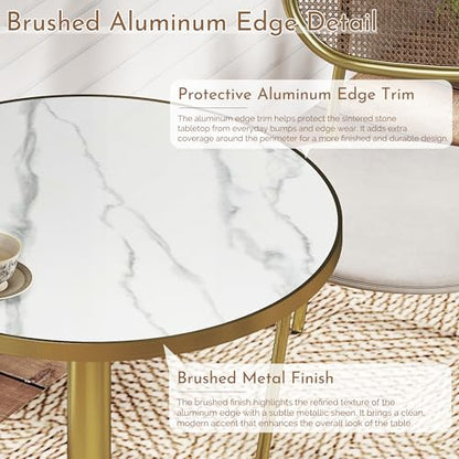 31.5" Circle Tulip Table with Sintered Stone Tabletop, Gold Edge & Pedestal | Modern Round Dining Table, Leisure Bistro Table for Kitchen, Small Places, Living Room, Cafe, Restaurant (Snow Peak Marble) - color: Snow Peak Marble (Golden Edge), size: Round