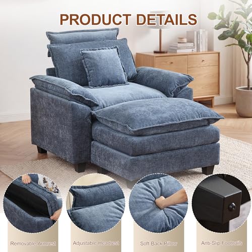 46'' Oversized Chaise Lounge with Ottoman, Cloud Deep Seat Accent Sofa Chair with Detachable Headrest, Double Thicked Cushion Lounge Armchair for Living Room, Bedroom, Blue - color: Blue, size: Chaise Lounge Chair