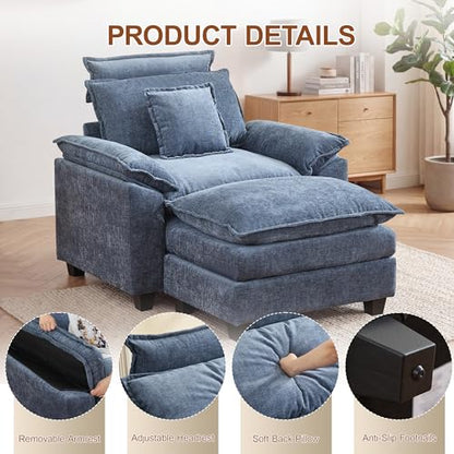 46'' Oversized Chaise Lounge with Ottoman, Cloud Deep Seat Accent Sofa Chair with Detachable Headrest, Double Thicked Cushion Lounge Armchair for Living Room, Bedroom, Blue - color: Blue, size: Chaise Lounge Chair