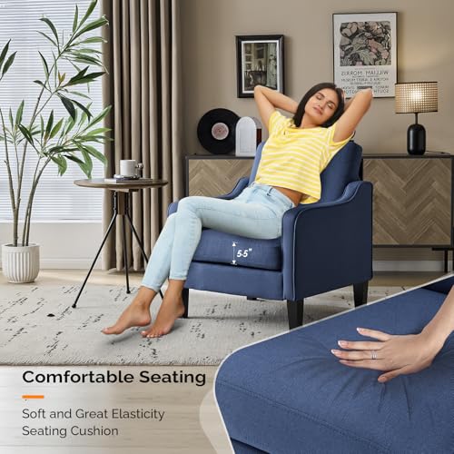 VINGLI Mid century Modern Accent Chair,Navy Blue Fabric Accent Chairs for Living Room Upholstered Armchair with Scooped Arms for Bedroom,Apartment,Studio,Office,Waiting Room - color: Navy Blue