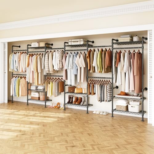H6 Wall Mounted Closet System, Industrial Pipe Clothes Rack, Black | Metal Clothing Rack with 6 Telescopic Rods & 3 Fixing Rods & 9 Shelves, Heavy Duty Closet Organizers and Storage in Wardrobe - color: Black