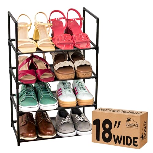 Sundaze Shoe Rack - 4 Tier Shoe Rack for Closet, Sturdy Stackable Shoe Organizer for Closet, Bedroom, Entryway, Garage, Non Woven Fabric Shelf, Black, Holds 8-12 Pairs - size: 4 Tier (18.3" W)