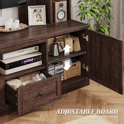 EnHomee Farmhouse Entertainment Center for 60" TV with LED & Power Outlets | Tall TV Console Wood TV Stand with Storage Shelves,Bookshelf for Living Room, Bedroom, Brown - color: Rustic Brown