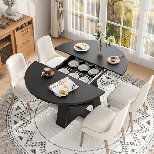 43.3"-59" Extendable Round Oval Dining Table for 4-8 with Storage Shelf | Modern Kitchen Oval Dining Table with Removable Leaves,Space Saving Extendable Table Wood Base for Kitchen Living Room BLack - color: Black