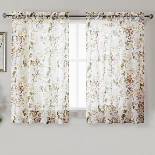 Crushed Kitchen Window Curtains 45 Inches Length 2 Panels, Elegant Farmhouse Printing Short Semi Sheer Curtains for Cafe Bedroom Small Window, Light Filtering Rod Pocket Curtain, 42Wx45L - color: Brown/Multi, size: 42"W x 45"L (Pack of 2)
