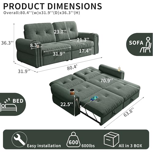 80.4" Queen Sleeper Sofa Bed, 3 in 1 Convertible Pull Out Couch with USB Ports & Cup Holders, Modern Chenille Loveseat Sofabed with Adjustable Backrest for Living Room, Bedroom, Apartment - color: Green, style: Sofabed w/USB &Cup Holders
