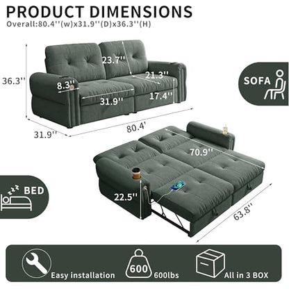 80.4" Queen Sleeper Sofa Bed, 3 in 1 Convertible Pull Out Couch with USB Ports & Cup Holders, Modern Chenille Loveseat Sofabed with Adjustable Backrest for Living Room, Bedroom, Apartment - color: Green, style: Sofabed w/USB &Cup Holders