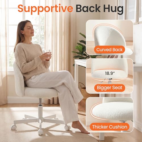 NEO Chair Office Vanity Chair with Wheels Comfy Desk Chair for Girls Cute Computer Small Armless Adjustable Height Swivel for Home Bedroom Task (Creamy White) | Soft Fleece Fabric with Supportive Curved Back, 360° Swivel, Cozy Comfort for Makeup, Computer
