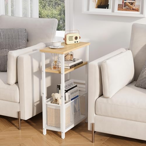 MMEOLUOOK Narrow Side Table with Storage Basket Skinny End Tables for Smalls Spaces 3 Tier Sofa Table Small Nightstand Slim Bedside Table for Living Room Bedroom Natural Wood MLBZ22Y - color: Natural