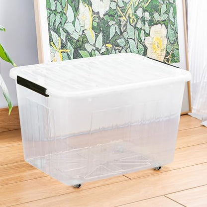 Cetomo 80L*3 Plastic Storage Bins, Storage Box, 3 Pack, Organizing Container with Wheels, Durable Lids and Secure Latching Buckles, Stackable and Nestable, Clear with Black Buckle - size: 80L*3