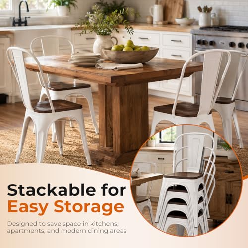 Arctic White Color,Metal Dining Chairs Set of 2 with Wooden Seat | Iron Stackable Industrial Tolix Style Outdoor Farmhouse Kitchen Cafe - color: Arctic White
