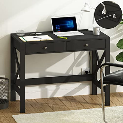 ChooChoo 40 Inches Farmhouse Computer Desk with 2 Drawers & Power Outlets | Wooden Writing Desk, Study Desk for Home Office, Makeup Vanity, Black - color: Black, size: 40inch with Power Outlet