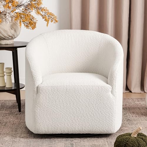 KINWELL 32" Wide Modern Boucle Swivel Barrel Chair, No Assembly Round Upholstered Swivel Accent Armchair for Living Room, Bedroom, Office (White) - color: White, style: Set of 1