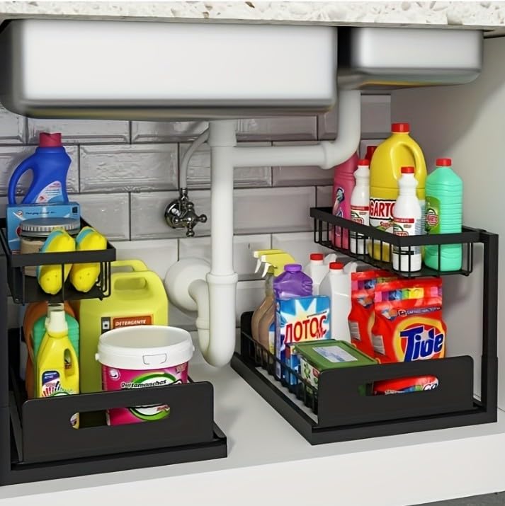 Highline Supply Under Sink Organizer, Kitchen Pantry Bathroom Organization | 2-Pack Organizer, Sliding Pull-Out Cabinet Organizing Rack, Metal Made for Durability, Black