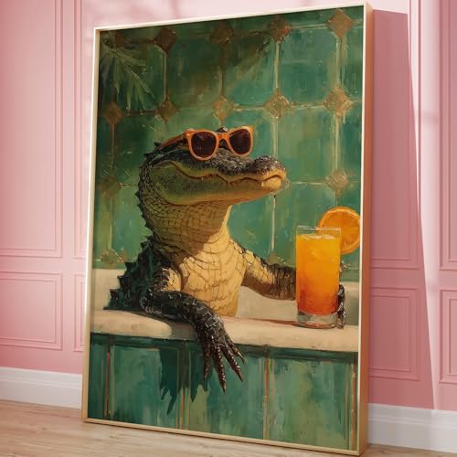 Funky Animals Wall Art Bathroom Humor Poster Animal in Bathtub Painting Aesthetic Cocktail Picture Crocodile Artwork Bathroom Drinking Pictures Funny Animal Green Poster for Restroom 16x24in Frameless - color: G3Unframed
