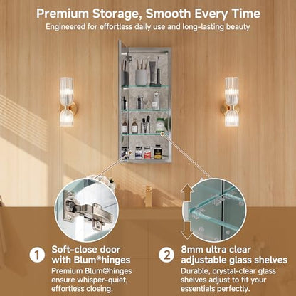 12" x 30" Bathroom Medicine Cabinet with Mirror, Recessed or Wall Mount | Medicine Cabinets with Adjustable Glass Shelves, Soft-Closed Hinge, Chrome Aluminum Frame, Reverse Installation - size: 12" x 30"
