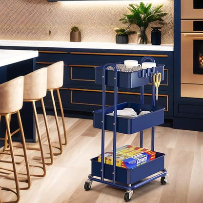 Simple Houseware 3-Tier Heavy Duty Metal Utility Rolling Cart, Navy - color: Navy