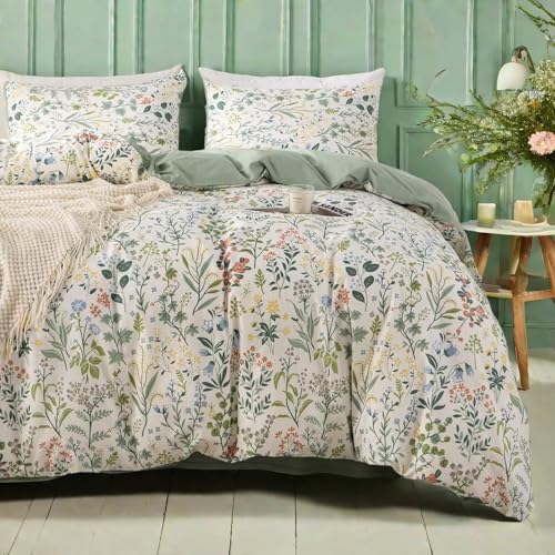 MKXI Twin Size Wildflower Duvet Cover Set Sage Green Spring Floral Bedding Rustic Cabin Duvet Comforter Cover Green and White Botanical Duver Cover Dormitory Bedroom Collection - color: 001 Green Garden, size: Twin