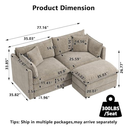 Aoowow Modular Sectional Sofa Modern Convertible Loveseat Couch,77.16 Inch Deep 2-Seater Sofas Comfy Chenille Cloud Sofas and Couches Set with Movable Ottoman for Living Room Apartment（Camel） - color: Camel, size: 2 Seat + Ottoman