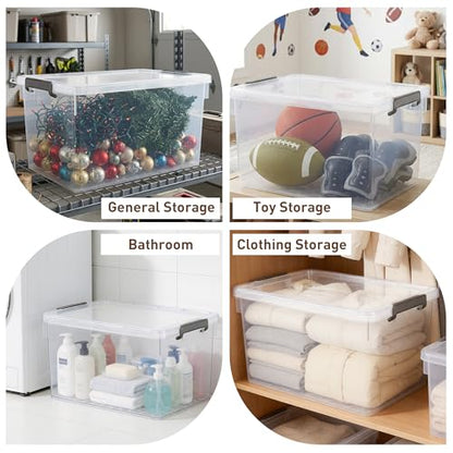 Citylife 48 Qt Ultra-Thick (3.82mm) Clear Plastic Storage Bins with Lids, 4-Pack Stackable Straight-Wall Closet Organizers with Honeycomb Base & Pinch-Free Latches for Garage, Clothes & Holiday Decor - size: 48 QT, style: 4 Pack