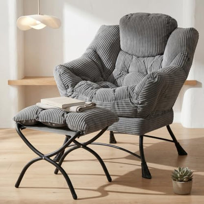 Lazy Chair with Ottoman, Modern Skinny Lounge Chair with Footrest | Foldable Footrest, Padded & Backrest with Side Pocket, Comfy Accent Reading Chair for Living Room & Small Spaces, Dark Gray - color: Dark Gray