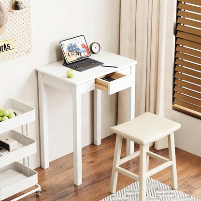 Solid Wood Desk with Drawers - 24 x 16 Inch Simple Narrow Desks, Rubber Wood Study Table, Small Writing Desk for Small Spaces|Bedroom - Modern White Desks - color: White, size: 23.6 in W x 15.7 in D