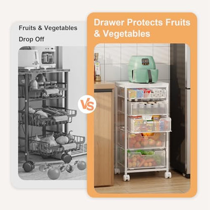 Kitchen Storage Cart with Wheels, 5-Tier Fruit Vegetable Storage Cart, Kitchen Organizer and Storage Cart with Drawers, Wooden Top Metal Wire Pantry Storage Cart for Fruit Snack Onion Potato, White - size: 5-Tier White