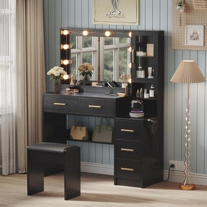 TOKSOM Makeup Vanity with Lights & Charging Station, Black Vanity Table with 5 Drawers & Open Storage Shelves, Bedroom Makeup Dressing Table Set for Women Girls Golden Handles - size: 35.4 inch, style: Modern Black
