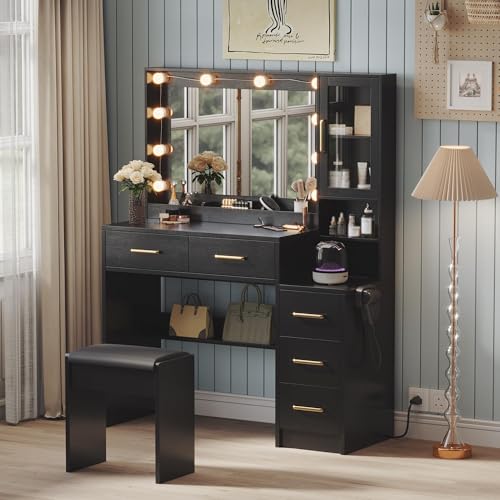 TOKSOM Makeup Vanity with Lights & Charging Station, Black Vanity Table with 5 Drawers & Open Storage Shelves, Bedroom Makeup Dressing Table Set for Women Girls Golden Handles - size: 35.4 inch, style: Modern Black