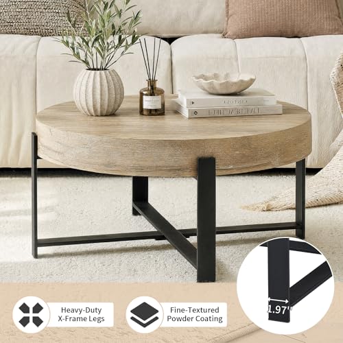Round Coffee Table, Small Wood Coffee Table with Metal Frame, Modern Rustic Distressed Wood Grain Circle Tables Accent Center Tables for Living Room Apartment Small Space (31.5''D-Retro Natural) - color: X Retro Natural