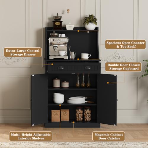 ARTPOWER 54" Kitchen Microwave Cabinet/Stand with Storage and Drawers, Pantry Storage Cabinet with Hutch & Adjustable Shelves for Kitchen, Dining Room, Living Room, Hallway in Black - color: Black