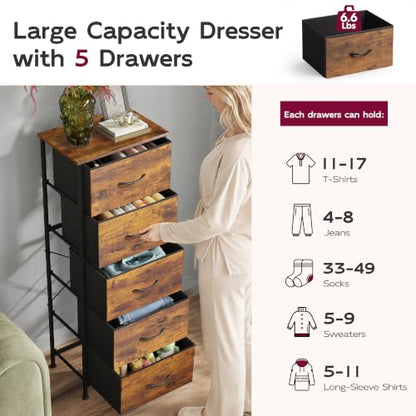 WLIVE Tall Dresser for Bedroom, 5 Drawer Dresser, Rustic Brown | 5 vertical fabric drawers, Tall vertical design, Bedroom or closet use, Dresser for small spaces, Chest of drawers - color: Rustic Brown Wood Grain Print