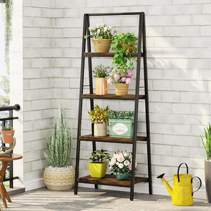 Homeiju Ladder Shelf, 4-Tier Leaning Ladder Bookshelf, Rustic and Wood Ladder Shelf Bookcase, Industrial Ladder Shelf Storage Rack for Home Office, Bedroom, Bathroom or Kitchen
