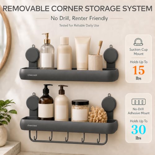 Shower Caddy Suction Cup, No-Drill Shower Organizer Shelf, 2 Pack | Large Capacity, Rustproof Aluminum, 2 Install Ways, Includes Hooks&Hanging Bar,Wall-Mounted Bathroom Organizer Storage Holder - color: Dark Gray