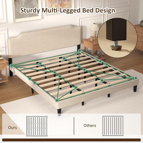 King Size Bed Frame with Upholstered Headboard, Wood Platform Bed with Soft Linen Adjustable Headboard | Elegant Studded Design | Wooden Slats | No Box Spring Needed, King Bed Frame Beige - color: Beige, size: King (U.S. Standard)