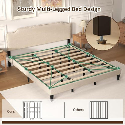 King Size Bed Frame with Upholstered Headboard, Wood Platform Bed with Soft Linen Adjustable Headboard | Elegant Studded Design | Wooden Slats | No Box Spring Needed, King Bed Frame Beige - color: Beige, size: King (U.S. Standard)