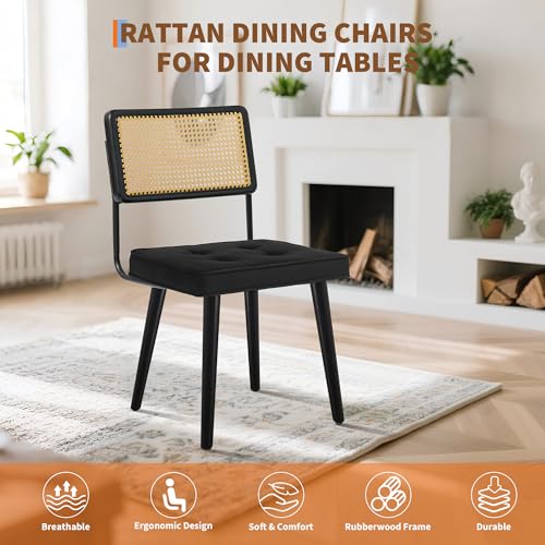 GarveeHome Natural Rattan Dining Chairs Set of 4, Velvet Upholstered Kitchen Chairs with Tall Cane Backrest and Strong Wood Legs for Dining Room, Kitchen, Restaurant, Black - color: Black, size: 4 PCS