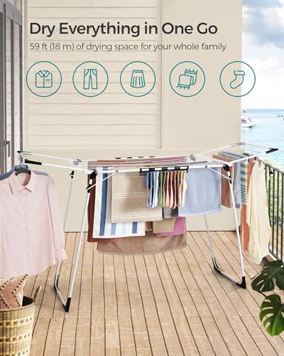 SONGMICS Clothes Drying Rack Foldable, Gullwing Laundry Drying Rack, Space-Saving, 22.2 x 68.1 x 38 Inches, Sock Clips, Metal Structure, for Clothes, Towels, Linens, Indoor, Outdoor White ULLR518W01 - color: White, style: 2 Gullwings（22.2"D)