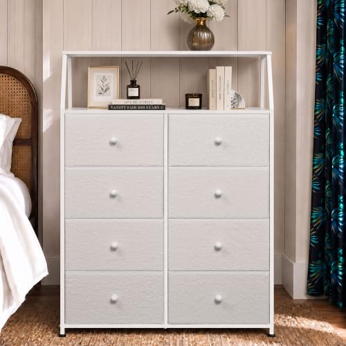 WLIVE Cream Boucle 8-Drawer Fabric Dresser Storage Tower Bedroom | Boucle fabric 8-drawer dresser with open shelves, stylish nursery dresser for baby girl room kids bedroom closet storage - color: Cream White, style: Raised Shelves