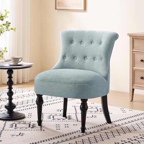 Upholstered Accent Chair, French Country Side Chair (1, Light Blue) | with Tufted Backrest, Thick Padded Seat and Solid Wood Legs for Bedroom, Living Room, Vanity & Reading Nook - color: Light Blue